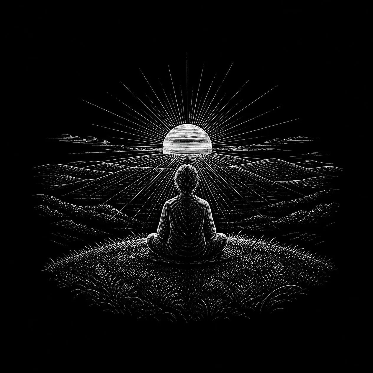 A figure meditating on a hilltop, facing the setting sun