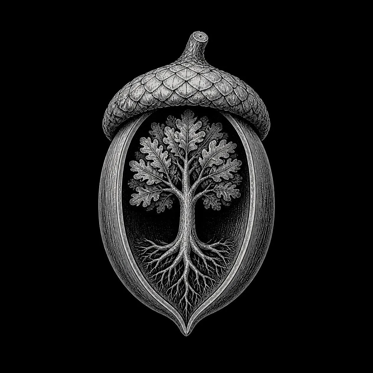 An acorn split open with a whole oak tree inside it