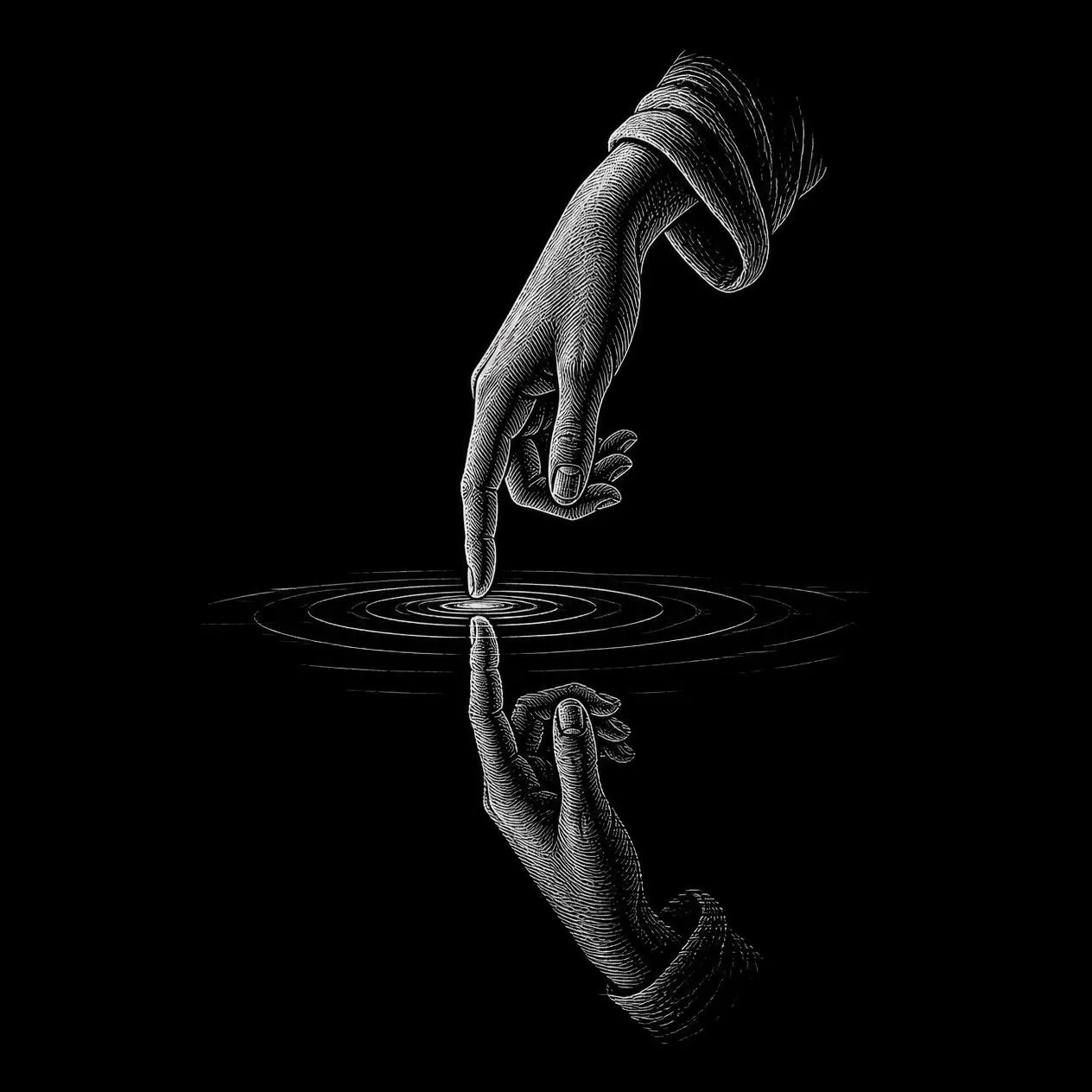 A hand touching still water, meeting its own reflection