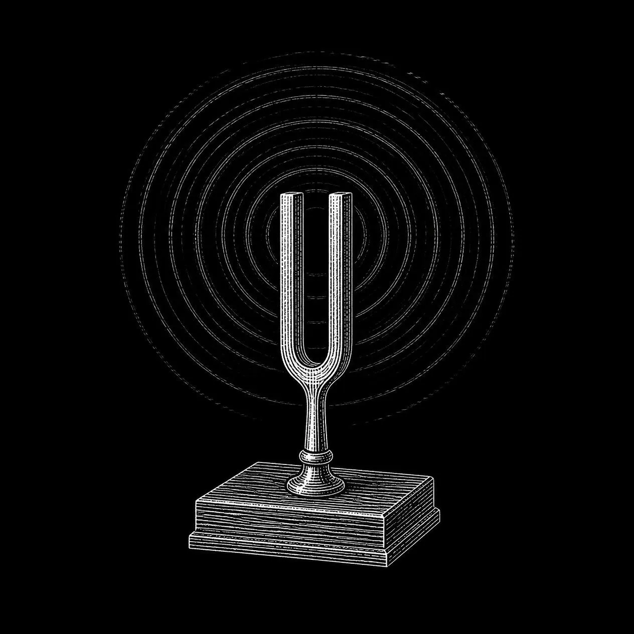A ringing tuning fork with sound waves around it