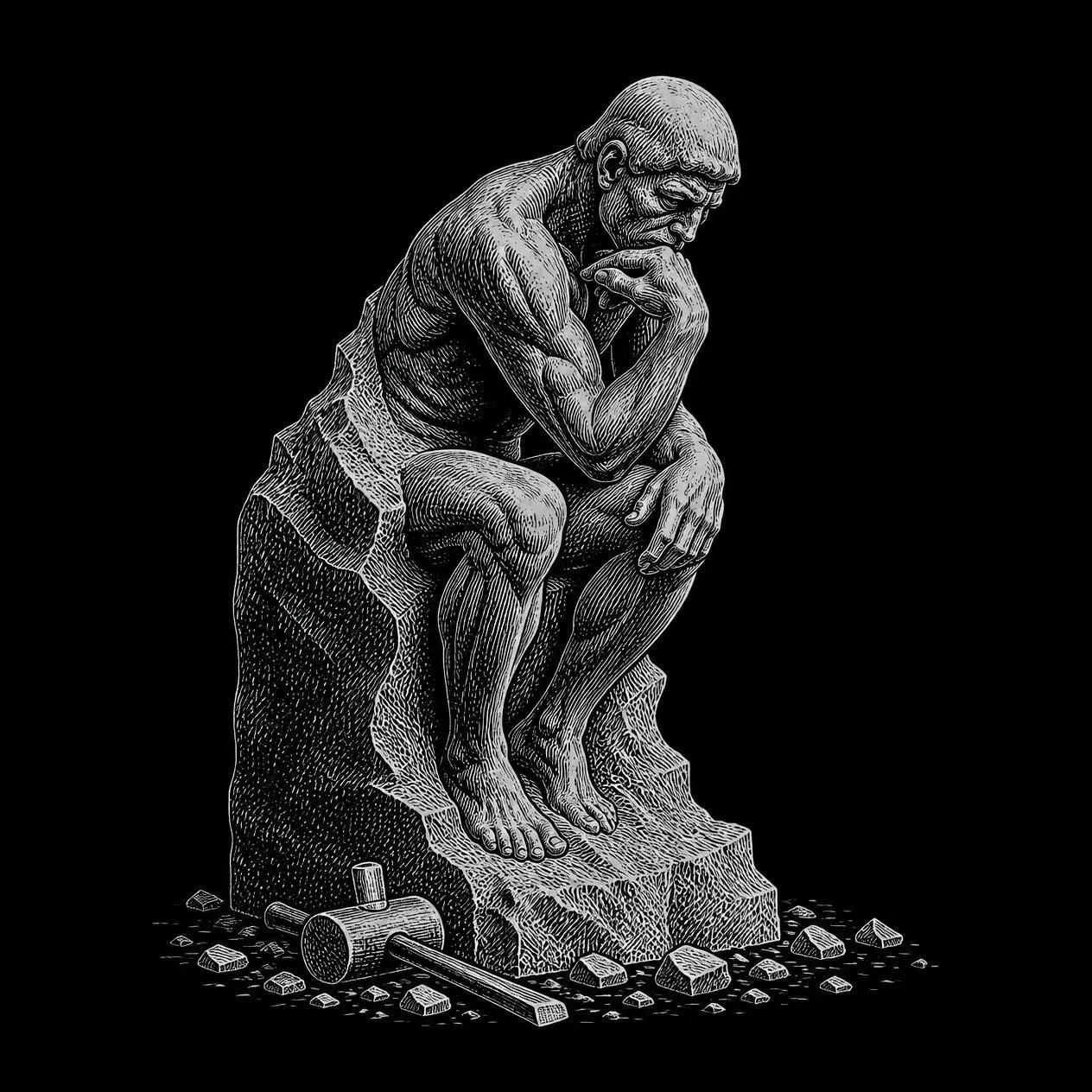 The Thinker seated on a block of stone, a mallet at its base